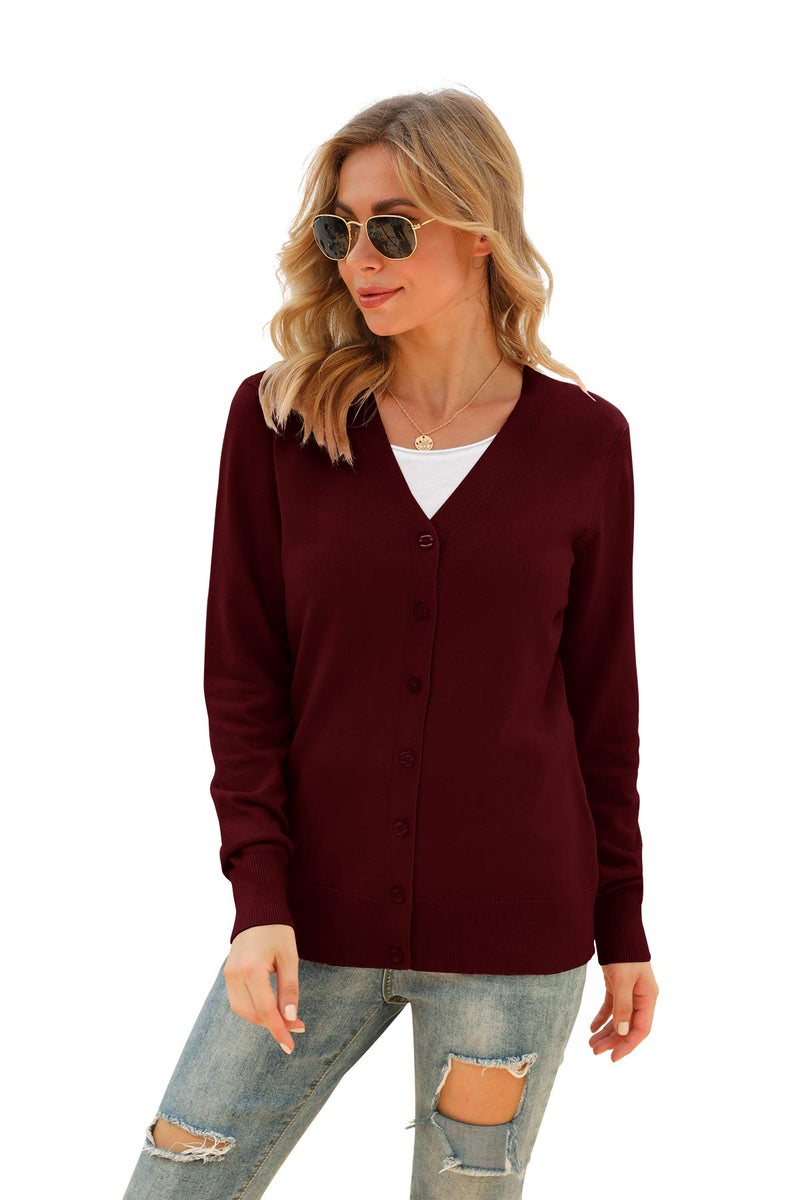 VIISHOW Women's Women's Long Sleeve Button Down Vee Neck Classic Sweater Knit Cardigan, Wine red, Large - Image 3
